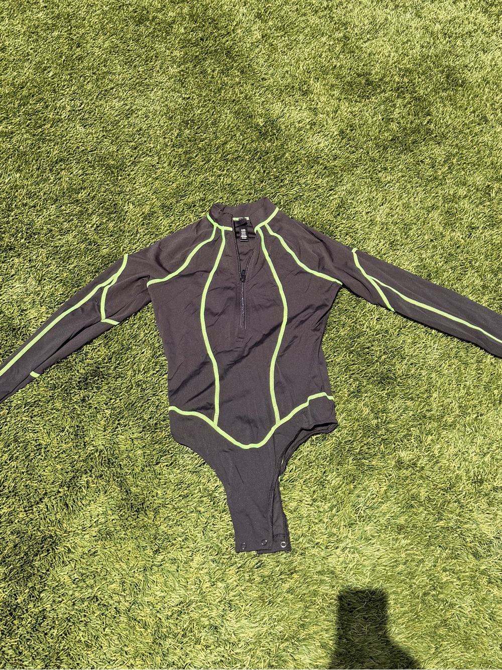 Skims Moto Black Long-Sleeve Zip Bodysuit with Neon Green Piping